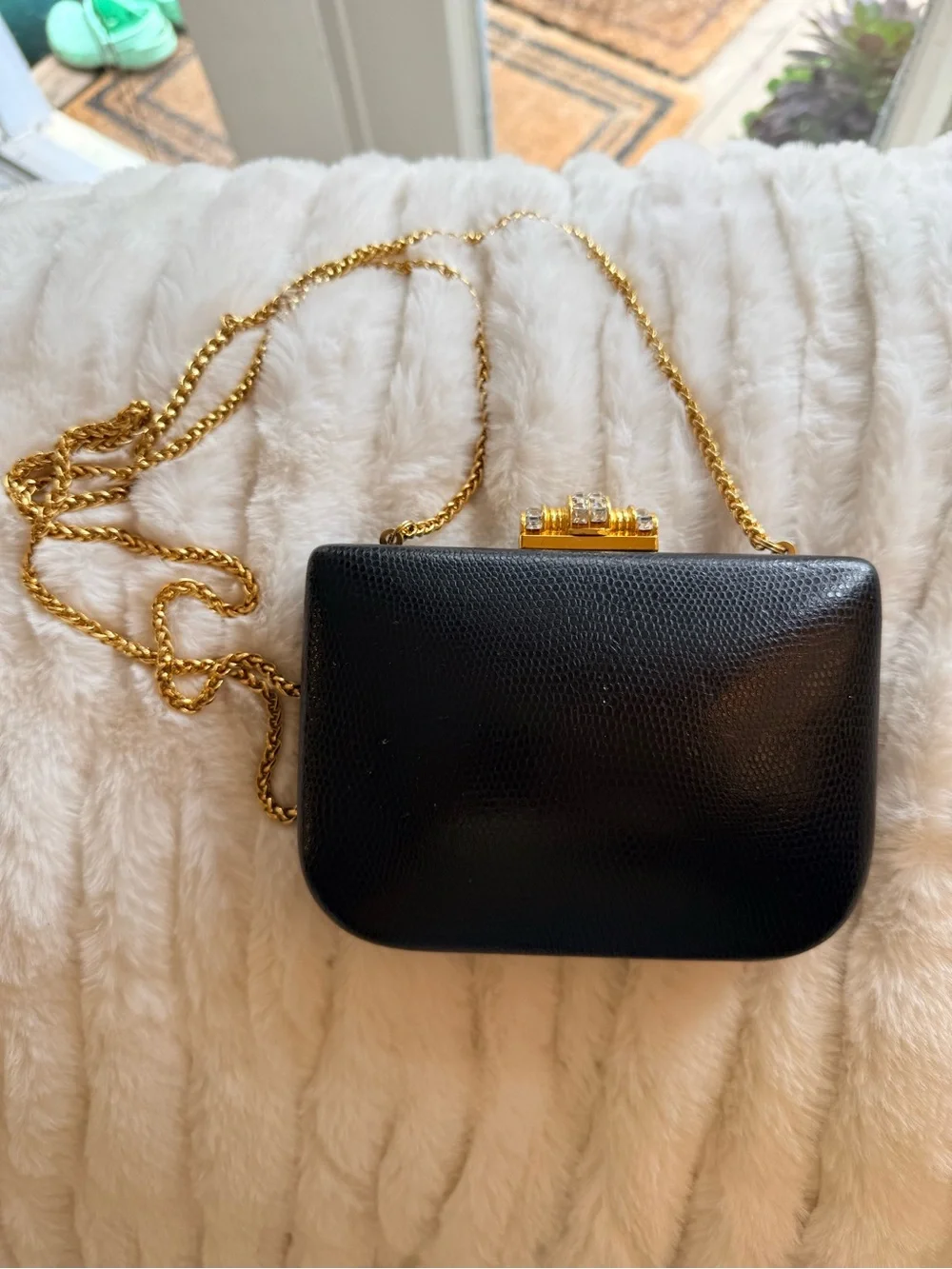 RODO Black Leather Evening Crossbody with Gold Chain